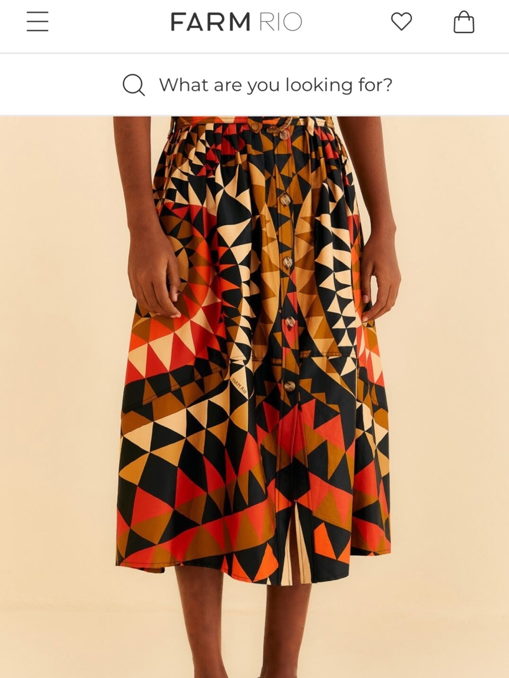 FARM Rio Geometric Button-Front Midi Skirt in Black, Red, Orange, Tan & Cream